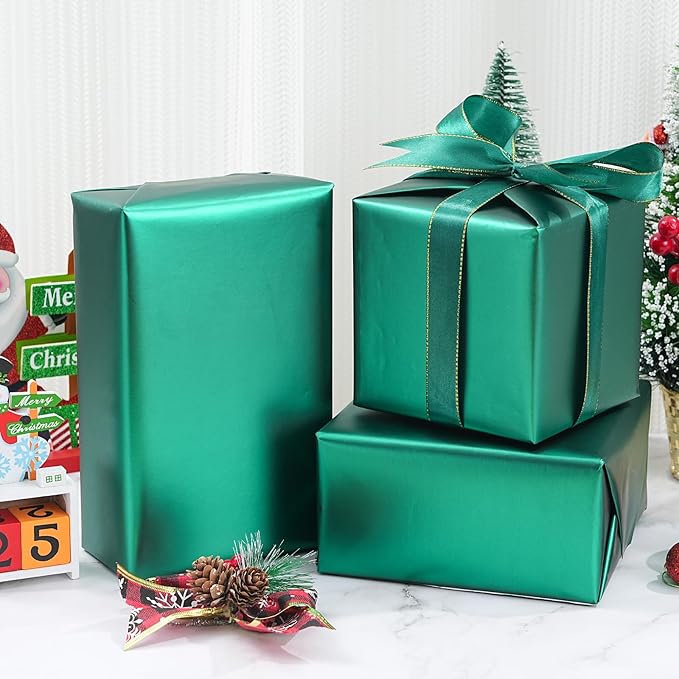 ZINTBIAL Metallic Green Wrapping Paper Roll with Cut Lines - Solid Green Holiday Gift Wrap for Graduation, Christmas, Birthdays, Baby Shower, Wedding - 17.5 in x 33 ft (48 sq. ft), Easy to Cut