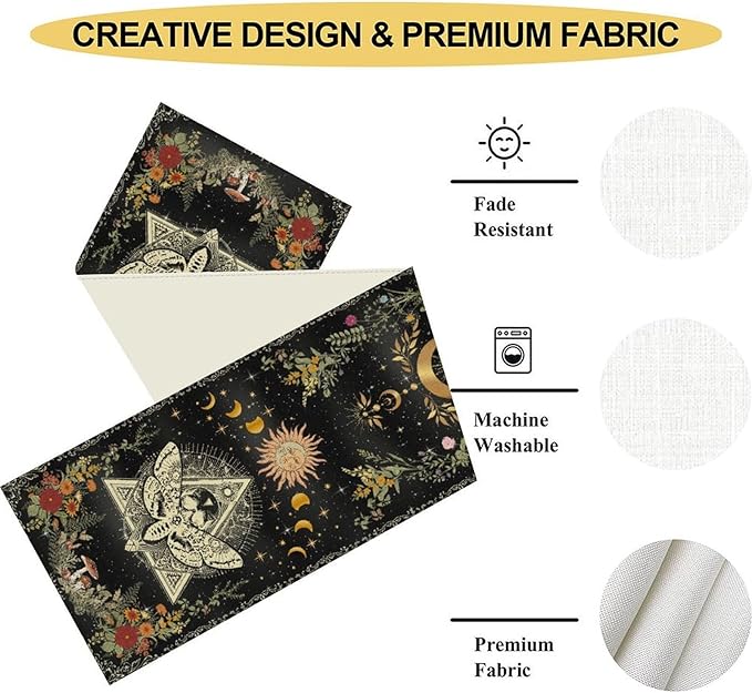 Gothic Moth Table Runner, Boho Gothic Sun Moon Phase Wildflower Mystical Witchy Farmhouse Coffee Table Center Decor for Home Kitchen Dining Patio Holiday Party Table Decorations 13x108 inches