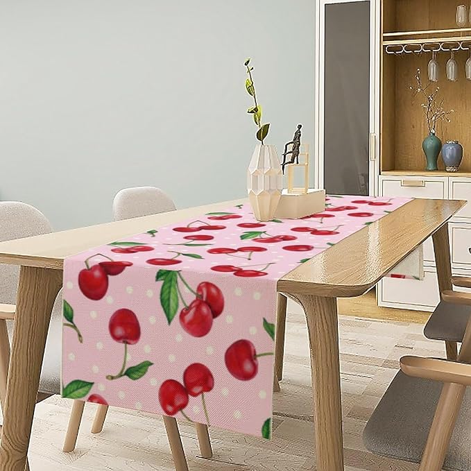 Red Cherry Table Runner,Spring Summer Fruit Tropical Birthday Party Decorations Dining Room Home Kitchen Table Decor 13 x 90Inch