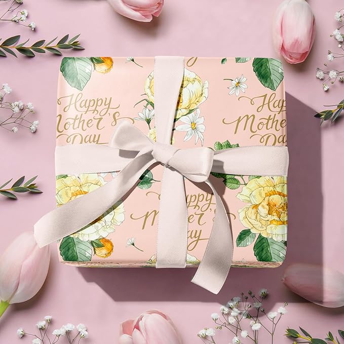 LeZakaa Mother's Day Wrapping Paper Roll, Happy Mother's Day Lettering, Yellow Floral Party Gift Wrap for Women, Mom, 17 inches x 16.4 Feet (23.2 sq.ft.)