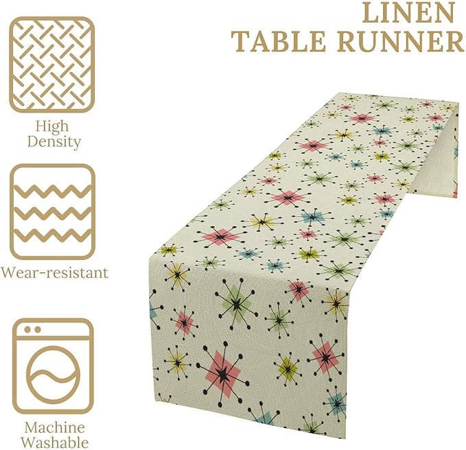 Mid Century Table Runner, Flag Retro Atomic Starburst 1950s Abstract Geometric Space Tabletop Decoration for Home Kitchen Restaurant Table Flag 13x70 Inch