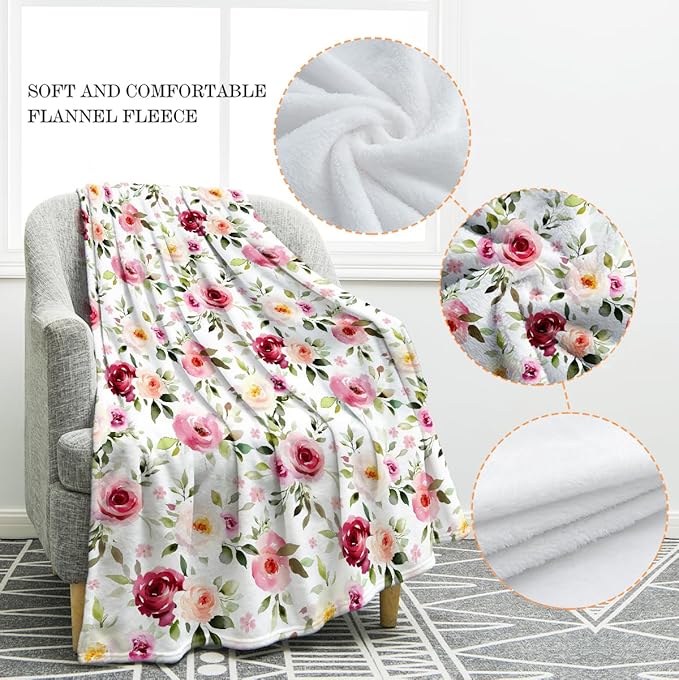 Jekeno Rose Flowers Blanket Gifts for Women Girls, Birthday Valentines Soft Throw for Adult, Lightweight Warm Flannel for Bed Sofa Couch Office Home 60"x80"