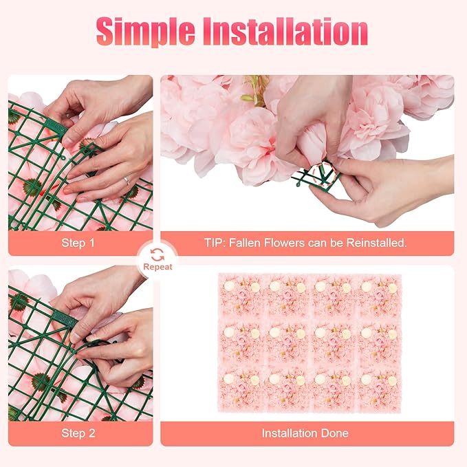 3D Flower Wall Panel Floral Backdrop,12Pack Artificial Flower Wall Background,Silk Rose Mat, Artificial Flower Backdrop Faux Flower Panel for Wedding