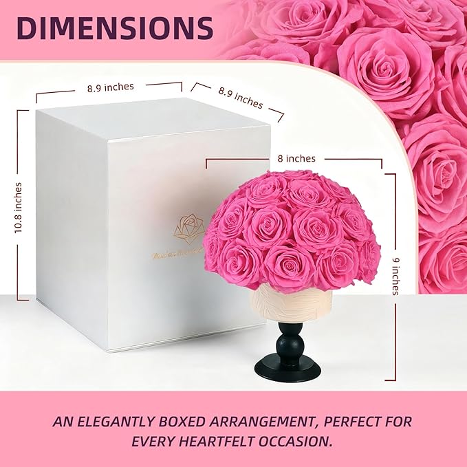 Luxury Preserved Flowers Blooms with Ceramic Base, Mushroom Shape Forever Eternal Natural Rose Gift Box for Home Table Decoration, Girlfriend Wife family Valentines Mothers Day Birthday (Pink)