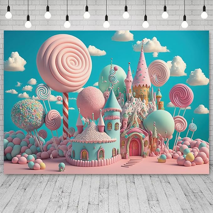 12x10ft Candyland Backdrop Sweet Candy Castle Photography Background Fantasy Lollipop Blue Sky White Cloud Cartoon Kids Birthday Banner Decorations Baby Shower Portrait Photo Booth Prop