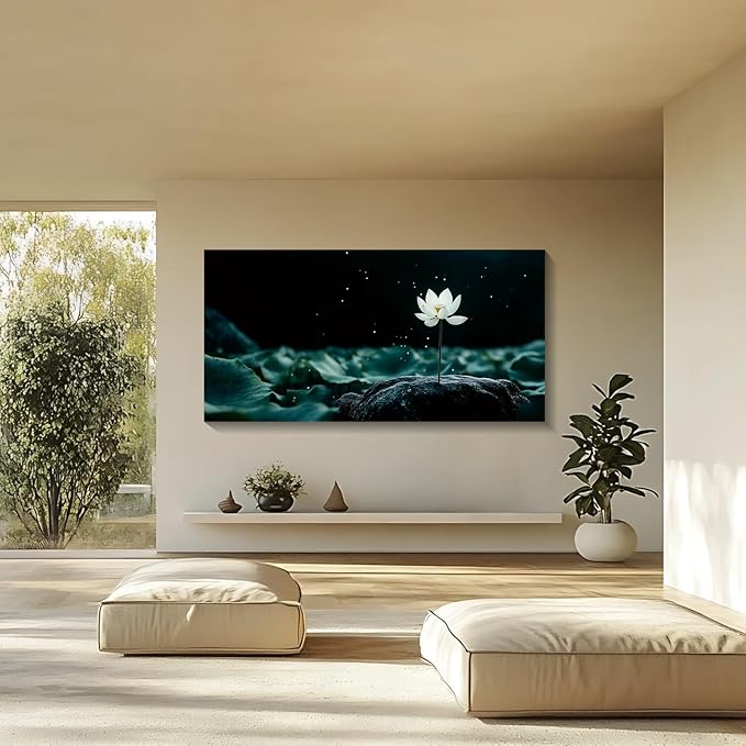 Iallbin Buddha Wall Art & Zen Wall Decor, White Lotus on Water Canvas Painting - for Yoga Meditation Room, Spa & Bathroom, Blue Art Deco Style, 48x24 Inches
