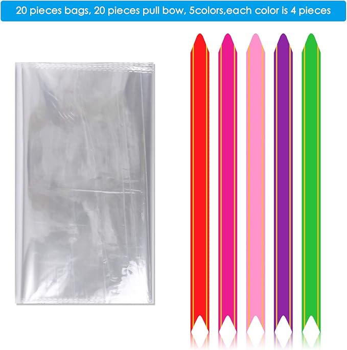 Kolewo4ever 40pcs Christmas Cellophane Bags Pull Bow Set 20pcs 16x24 Inches Cellophane Basket Bags Wine Bottles Cellophane Wrap with 20pcs Pull Bows