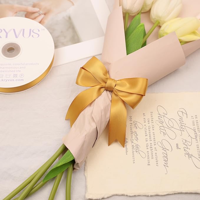 Old Gold Satin Ribbon, Double Faced 7/8 Inch X 50 Yards Old Gold Ribbon, Premium Satin Ribbon for Gift Wrapping, Crafts, Hair Bow Making, Sewing, Flower Bouquet, Wedding Party Decor