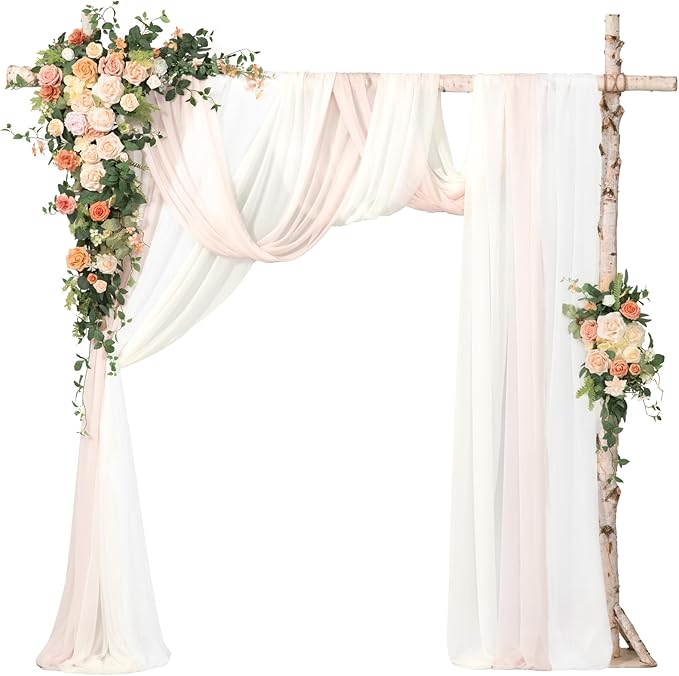 Ling's moment Wedding Arch Flowers with Sheer Drapes Kit - Artificial Spring Pink Rose Floral Arrangements for Garden Ceremony Backdrop, Arbor Decor, 5-Piece Set (2 Flower Stems + 3 Hanging Drapes)