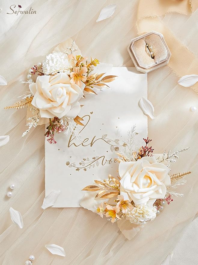 Serwalin Set of 2 Wrist Corsage for Wedding, 6-7 Inch Corsages for Bridesmaid Mother Grandmother, Artificial Flowers for Prom Ceremony Anniversary Cake Topper (Champagne)