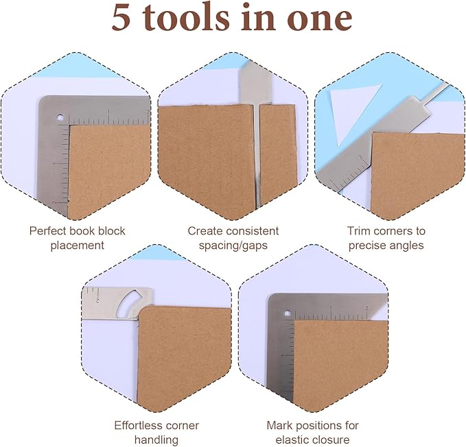 Book Cover Guide, 5 in 1 Bookbinding Tools, Stainless Steel Metal Bookbinding Cover Tool, Scrapbook Album Making Tool Ruler for Making Book Album Covers Out of Chipboard Simple