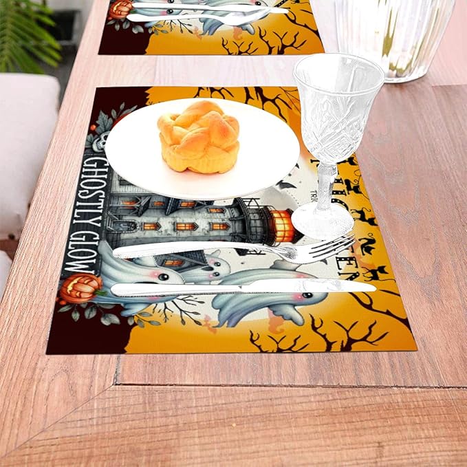 PVC Placemats Set of 1 Wipeable Table Mats Washable Heat Resistant Non Slip Vinyl Dining Table Mat for Kitchen Indoor Outdoor Patio Farmhouse Place Mats Black Halloween Castle Decorative