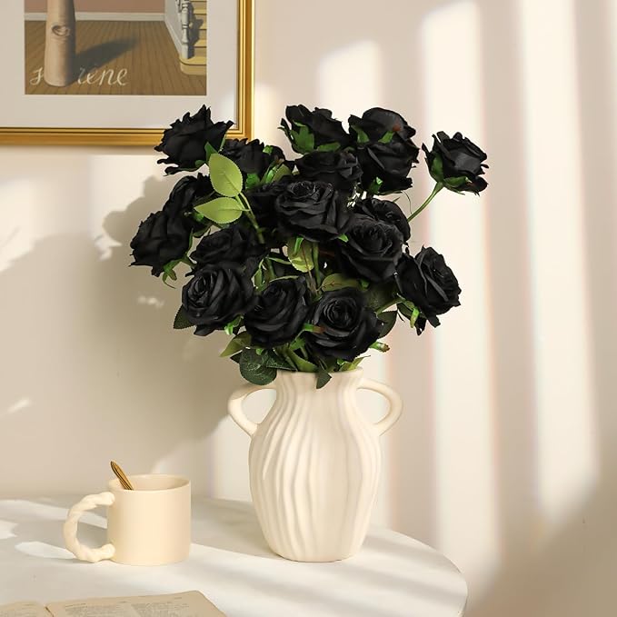 Nubry 24pcs Artificial Silk Roses Bulk,Fake Roses Flower with Stems Realistic Flowers for Wedding Centerpiece Home Party Decor(Black)