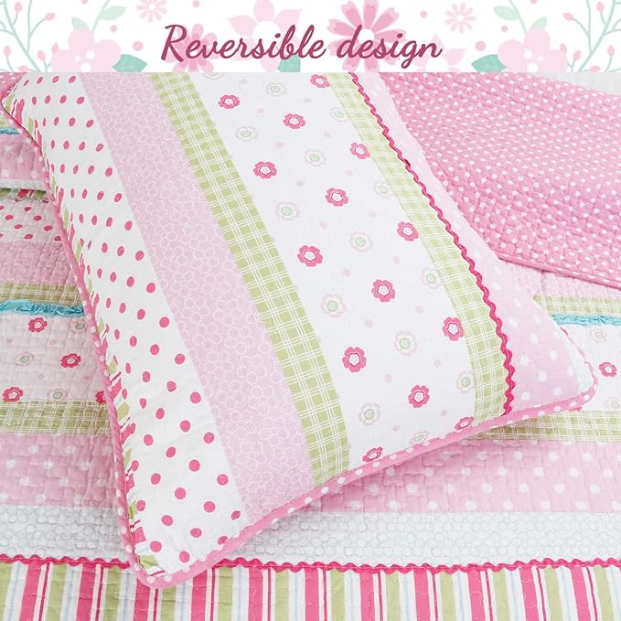 Cozy Line Home Fashions Pink Ruffle Flowers Polka Dot Girl 100% Cotton Reversible Quilt Bedding Set, Coverlet, Bedspread for All Seasons (Twin - 2 Piece)