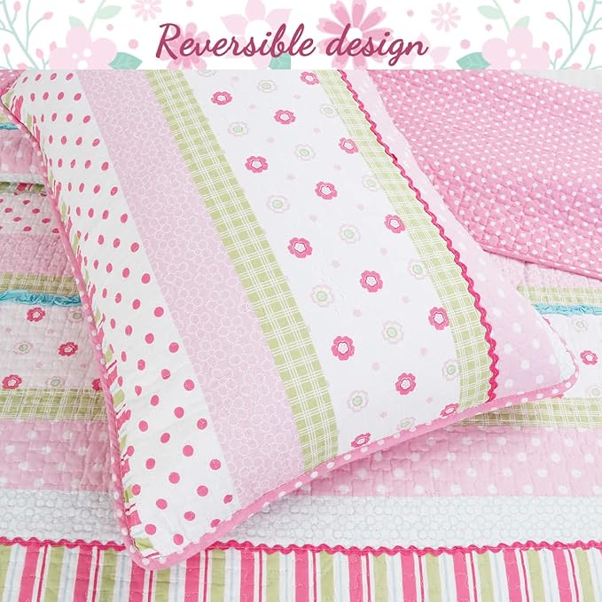 Cozy Line Home Fashions Soft Bright Greta Pastel Design Girl 100% Cotton Reversible Quilt Bedding Set, Coverlet, Bedspread (Queen - 3 Piece)
