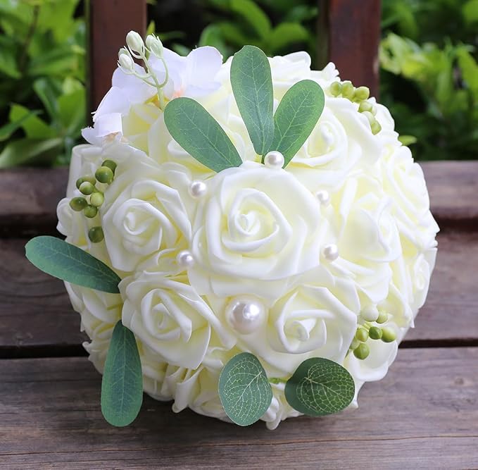 Lightweight Bridal Wedding Bouquet Round Holding Bouquet Throw Toss Artificial Rose Flower Bunch for Bride Bridesmaid Wedding Quinceanera (Cream, 6.7")