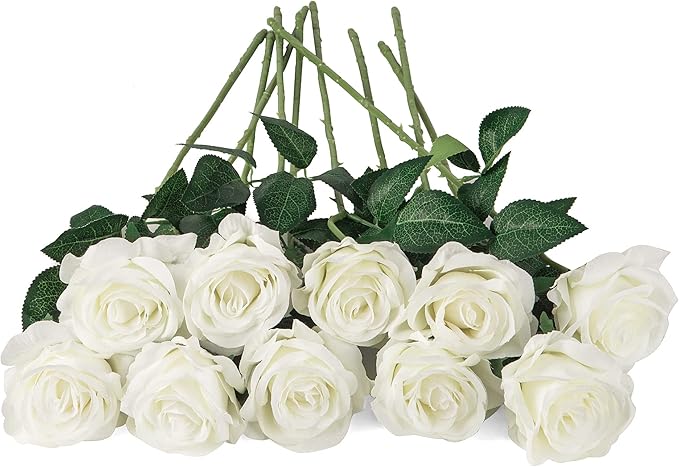 Flojery 10pcs White Silk Roses Artificial Rose Flowers Long Stem for DIY Wedding Bouquet Table Centerpiece Home Décor