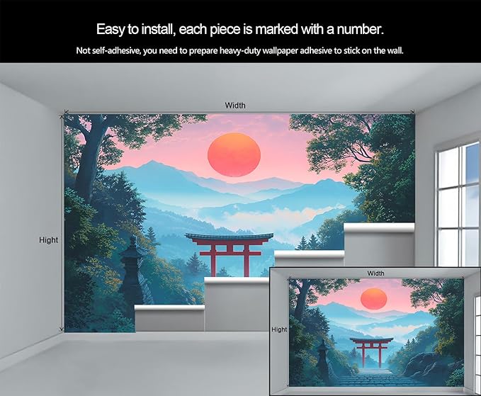 KIREUPA Japanese Torii Gate Wall Mural, Sunrise Mountain Landscape 3d Wall Murals, Zen Nature Art Wallpaper Mural, for Living Room Bedroom Large Wallpaper Indoor Decor 118" W x 82.6 "H