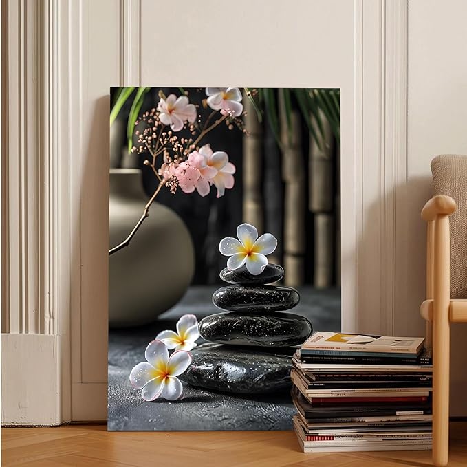 A harmonious black stone stack paired with white and pink flowers bamboo and ceramic vases creates a tranquil Zen decor for minimalist homes and mindful spaces 24x36in Frameless