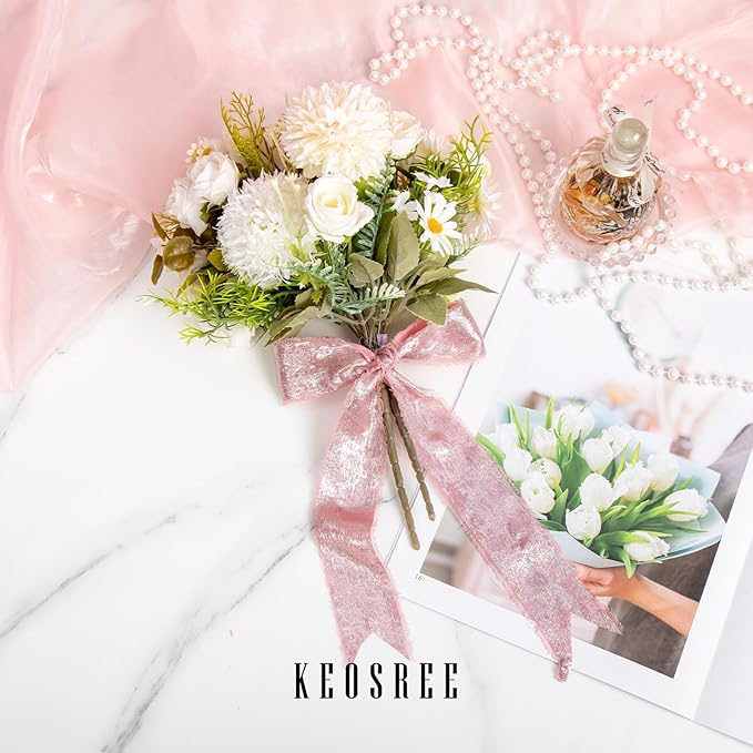 Rose Gold Silk Chiffon Ribbon,Pink Frayed Shimmery Silk Ribbon for Bridal Flower Bouquet Christmas Gift Wrapping Wedding Decor Invitations Decorations 1.5" x 15 Yards (5Yards X 3 Rolls)