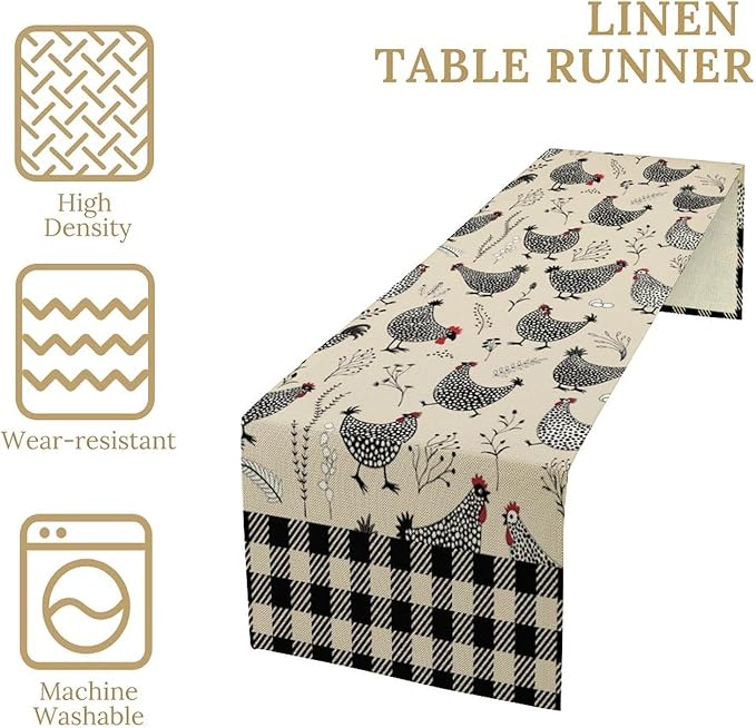 Farmhouse Rooster Table Runner Vintage Farm Funny Chicken Flower Dinner Runner for Country Farmhouse Home Kitchen Dinner Table Holiday Party Decoration 13x120in