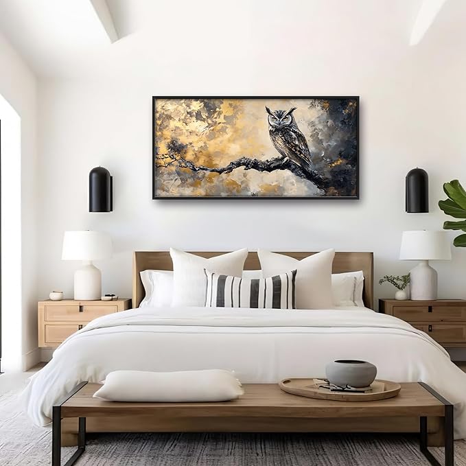 Owl Large Wall Art Framed Gold Wall Decor for Living Room Mountain Owl Pictures Oversized Canvas Print Painting Modern Extra Large Framed Artwork for Bedroom Office Home Decor 60"x30"