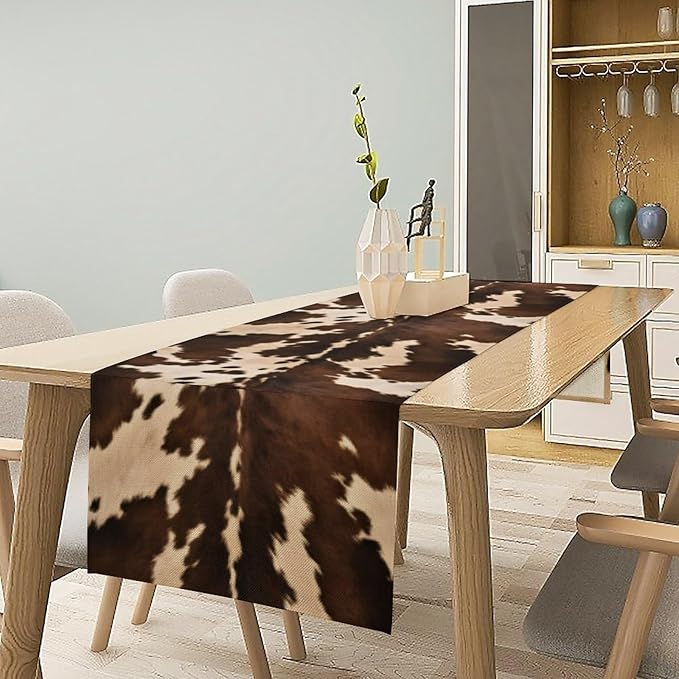 Cow Print Table Runner, Brown Cowhide Western Style Runner Country Farmhouse Cottage Patten Decoration for Home Kitchen Dining,13x90 Inch