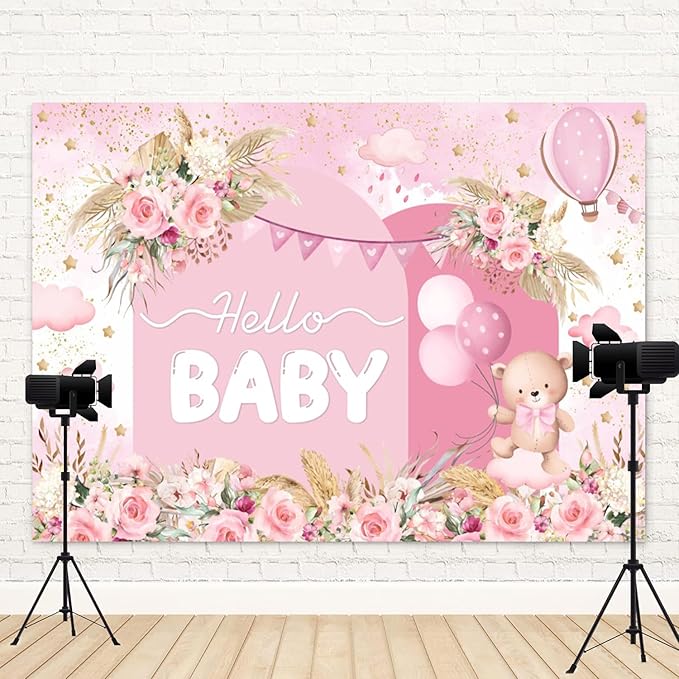 12x8ft Hello Baby Backdrop Pink Gold Boho Floral Bear Baby Shower Photography Background Balloon Stars Clouds Banner Decorations Welcome Newborn Celebration Party Portrait Photo Booth Prop