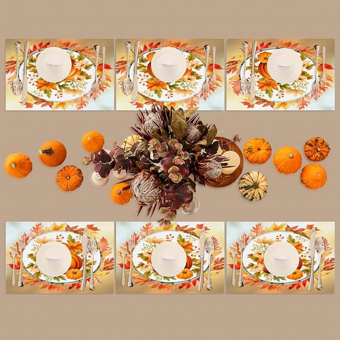 Fall Autumn Flower Pumpkin Placemats Set of 6 PVC Vinyl Non Slip Table Mats Heat Resistant Place Mats Washable Wipeable Dining Table Mat for Kitchen Decor Party Indoor Outdoor Decorative Gift