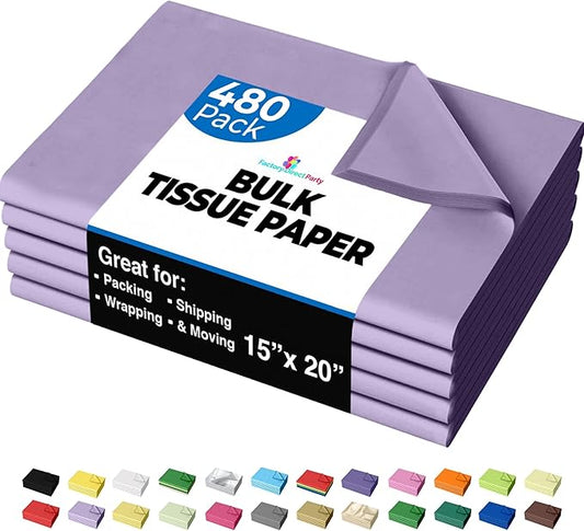Party Solids Lavender Tissue Paper for Gift Bags - 15" X 20" Bulk Tissue Paper Lavender 480 Sheets - 10lb Newsprint for Packing, Birthday Gift Box Filler, Packing Supplies for Moving Supplies