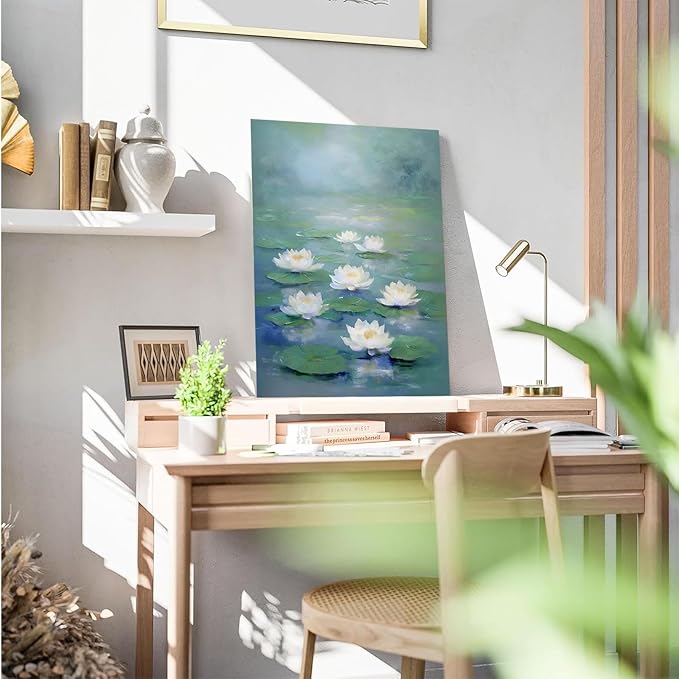 Zen wall art Delicate white lotus flower floating on calm water Vintage oil painting print Serene aquatic wall art creates a tranquil home decor 16x24in Wood Framed