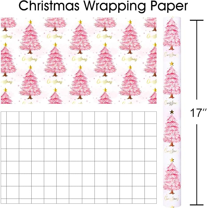 MAYPLUSS Christmas Wrapping Paper Roll, 17IN X 16.5FT Pink Gift Wrapping Paper Featuring Christmas Tree Little Star Reversible Cut Lines for Kids Holiday New Year