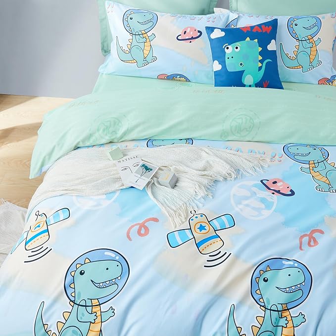 SAPHREAS Cartoon Dinosaur Kids Duvet Cover Set Queen Size 4pcs with Fitted Sheet 100% Cotton Children Bedding Comforter Cover Set, Comforter Not Included