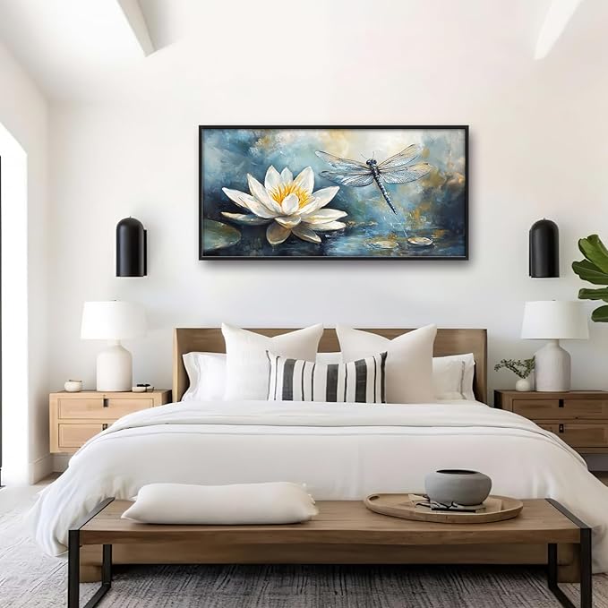 Extra Large Lotus Dragonfly Framed Wall Art for Living Room,Abstract Blue Lotus Flower Lake Pictures Wall Decor,Nature Canvas Print Painting Modern Artwork Bedroom Office Bathroom 60L x 30W