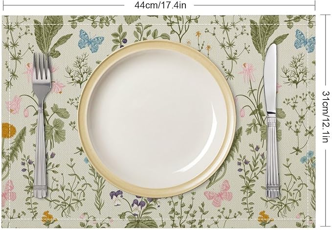 Botanical Placemats Set of 8, 17x12 Inch Butterfly Green Leaf Colorful Wildflower Vintage Rustic Style Table Mats for Home Party Kitchen Dining Decor