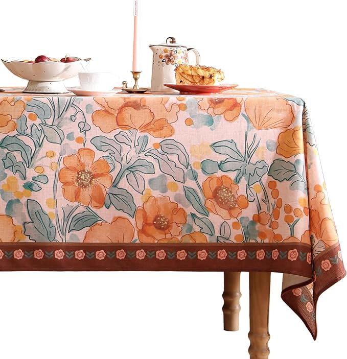 Vintage Linen Square Tablecloth,Italian Orange Floral Soft and Wrinkle Resistan Table Cloth,Decor Table Cover for Kitchen,Dining,Party,Thanksgiving,Christmas,67"*67"-Positano
