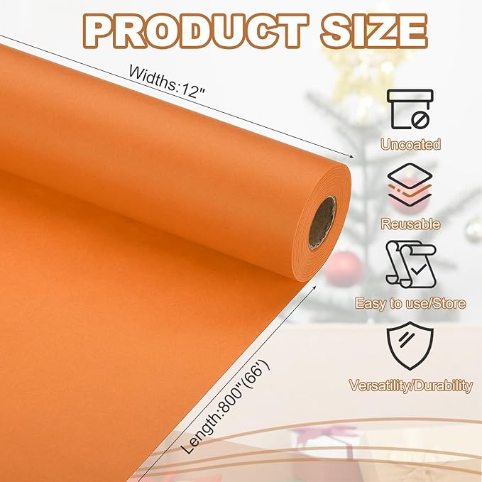 PATIKIL Wrapping Paper, 12" x 800"(66') 70 GSM Craft Paper Roll Kraft Packing Paper for Poster Bulletin Board, Gift Wrapping, Orange