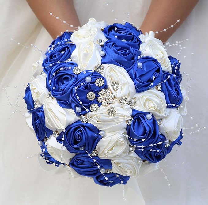 Bridal Wedding Bouquet Round Bling Brooch Bouquet Throw Toss Artificial Rose Flower Bunch for Bride Bridesmaid Wedding Quinceanera(Royal Blue & Ivory, 7.5")