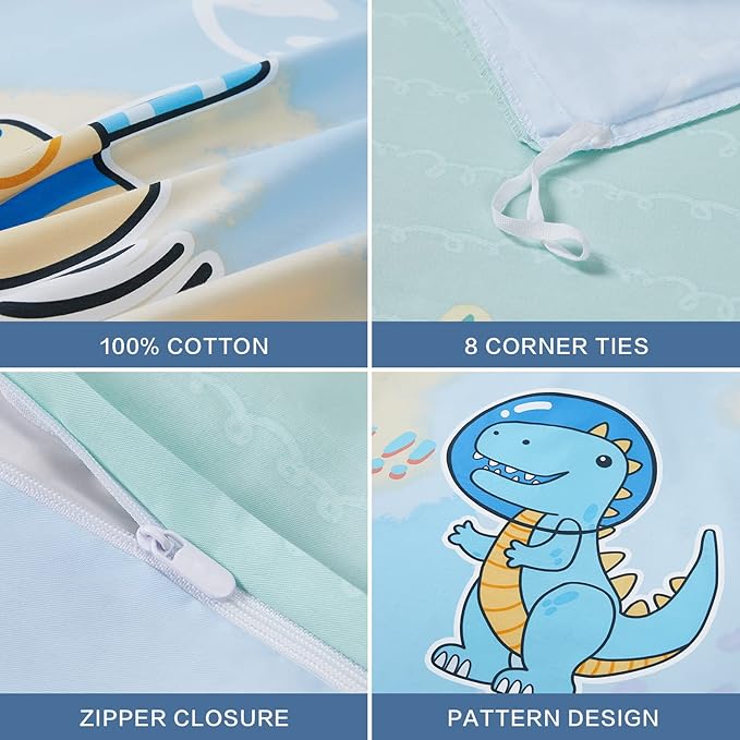 SAPHREAS Cartoon Dinosaur Kids Duvet Cover Set Queen Size 4pcs with Fitted Sheet 100% Cotton Children Bedding Comforter Cover Set, Comforter Not Included