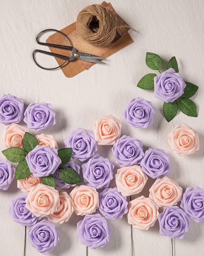 DuHouse 25Pcs Artificial Roses Flowers Fake Roses with Stems Real Touch Foam Flowers for DIY Wedding Bouquet Baby Shower Centerpiece Floral Arrangement Party Home Decor(Lilac)
