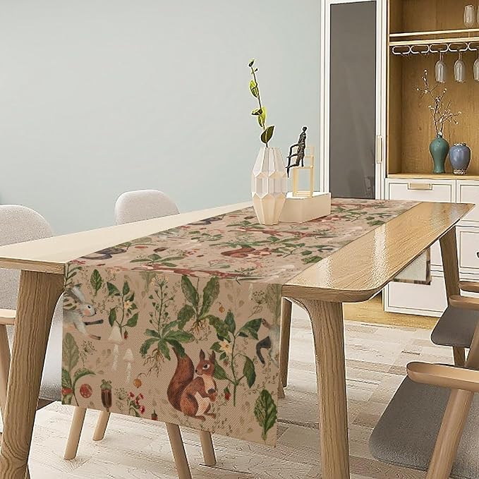 Rustic Woodland Table Runner, Retro Cabin Lodge Fairy Tale Forest Wild Animals Hare Squirrel Print Table Runner for Kitchen Dining Home Decor Wreath Party Decoration, 13x108inch