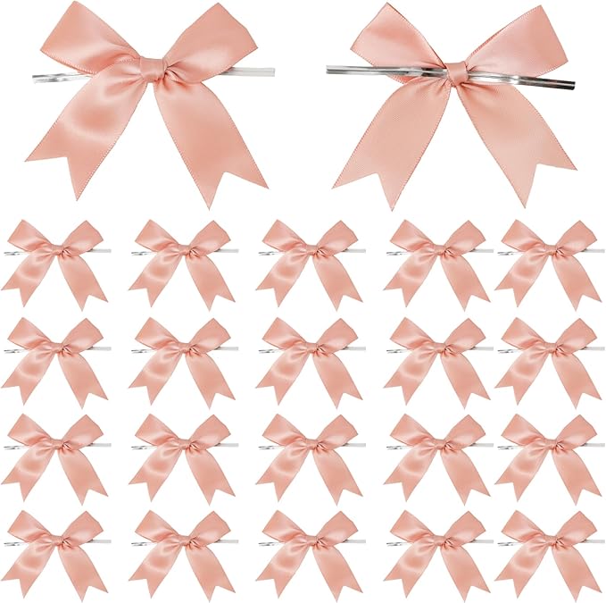 50 Counts Dusty Pink Twist Tie Bows 3.1" Pre-Tied Satin Ribbon Bow Decor Mini Twist Tie Bows for Gift Wrapping Treat Bags Cake Bridal Baby Shower Birthday Party Favors Wedding Decorations