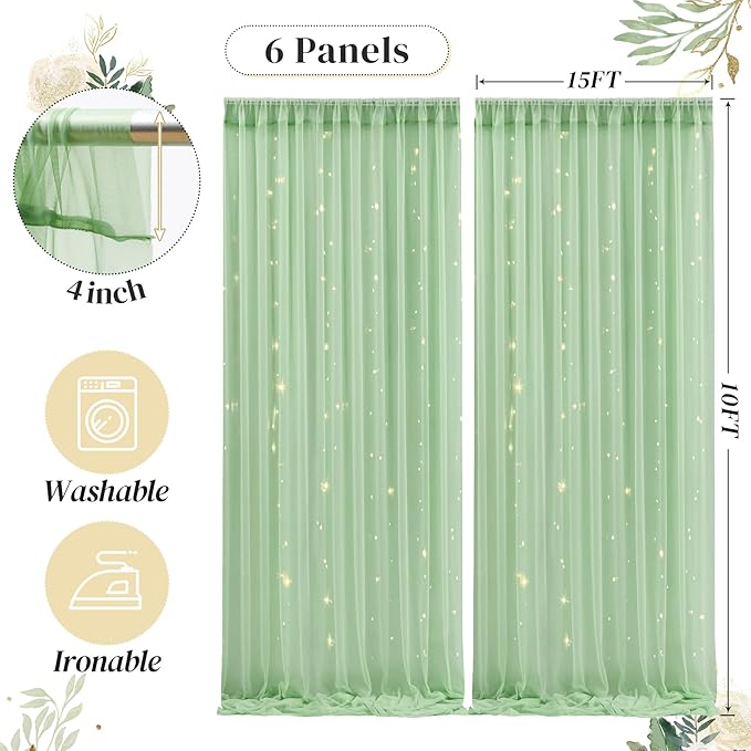 30ft x 10ft Green Backdrop Curtain with Lights String for Parties, Sheer Tulle Wedding Photo Backdrops Drapes for Baby Shower Birthday Party Decorations Background for Photography