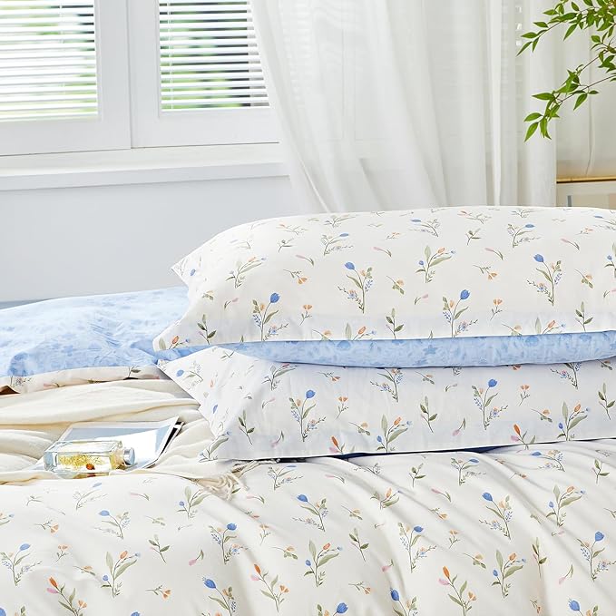 SAPHREAS King Size Blue Floral Duvet Cover Set 3pcs Botanical Flower White Bedding Comforter Cover Set 100% Cotton 1 Duvet Cover 104"x90" 2 Pillow Shams, Comforter Not Included