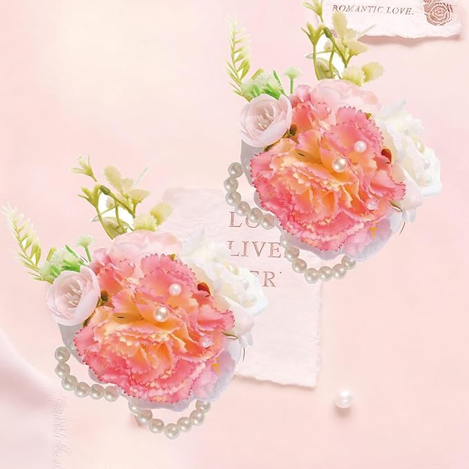Carnation Wrist Corsage, Pack of 2 PCS Wedding Bridal Wrist Flower Corsage Hand Flower Artificial Silk Rose Decor for Prom Party Wedding (Pink & White, 2pcs)