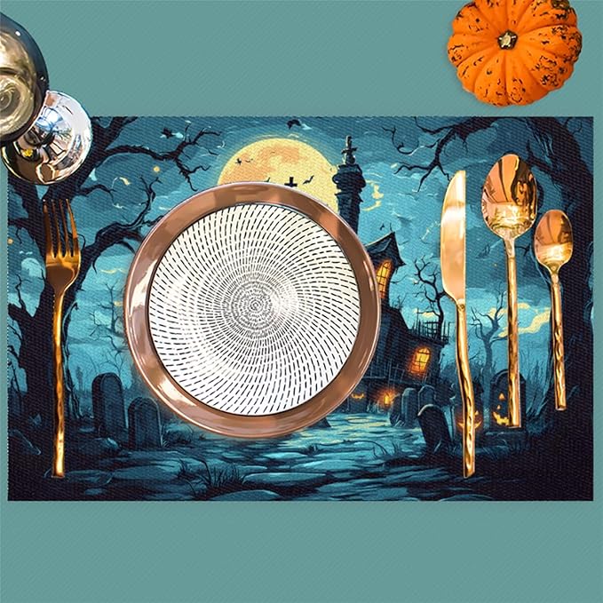Halloween Castle Moon Scary Placemats Set of 6 PVC Vinyl Non Slip Table Mats Heat Resistant Place Mats Washable Wipeable Dining Table Mat for Kitchen Decor Party Indoor Outdoor Decorative Gift