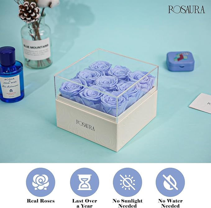 Rosaura Square Preserved Roses Gift Box - Real Forever Flowers in Clear Acrylic Lid, Valentine's for Women (Sky Blue, 9 Roses)