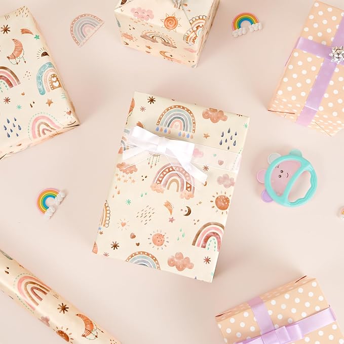 WERNNSAI Rainbow Wrapping Paper Roll - 1 Roll 17” x 33 ft Boho Baby Shower Wrapping Paper Yellow New Baby Girl Gift Packing for Kids Birthday Party Favor Reversible Polka Dot Design