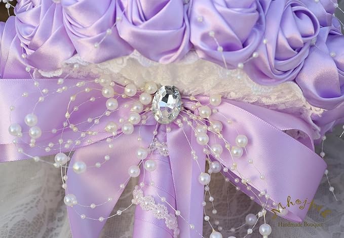 Bridal Wedding Bouquet Round Bling Brooch Bouquet Throw Toss Artificial Rose Flower Bunch for Bride Bridesmaid Wedding Quinceanera(Light Purple, 7.5")