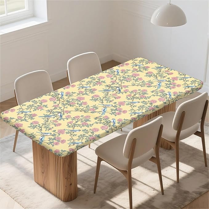 Rectangle Table Cloth Cover Waterproof Elastic Fitted Polyester Fitted Tablecloths for 4 Foot Tables for Indoor,Picnic, Camping, Outdoor （48" x 24"，Bird）